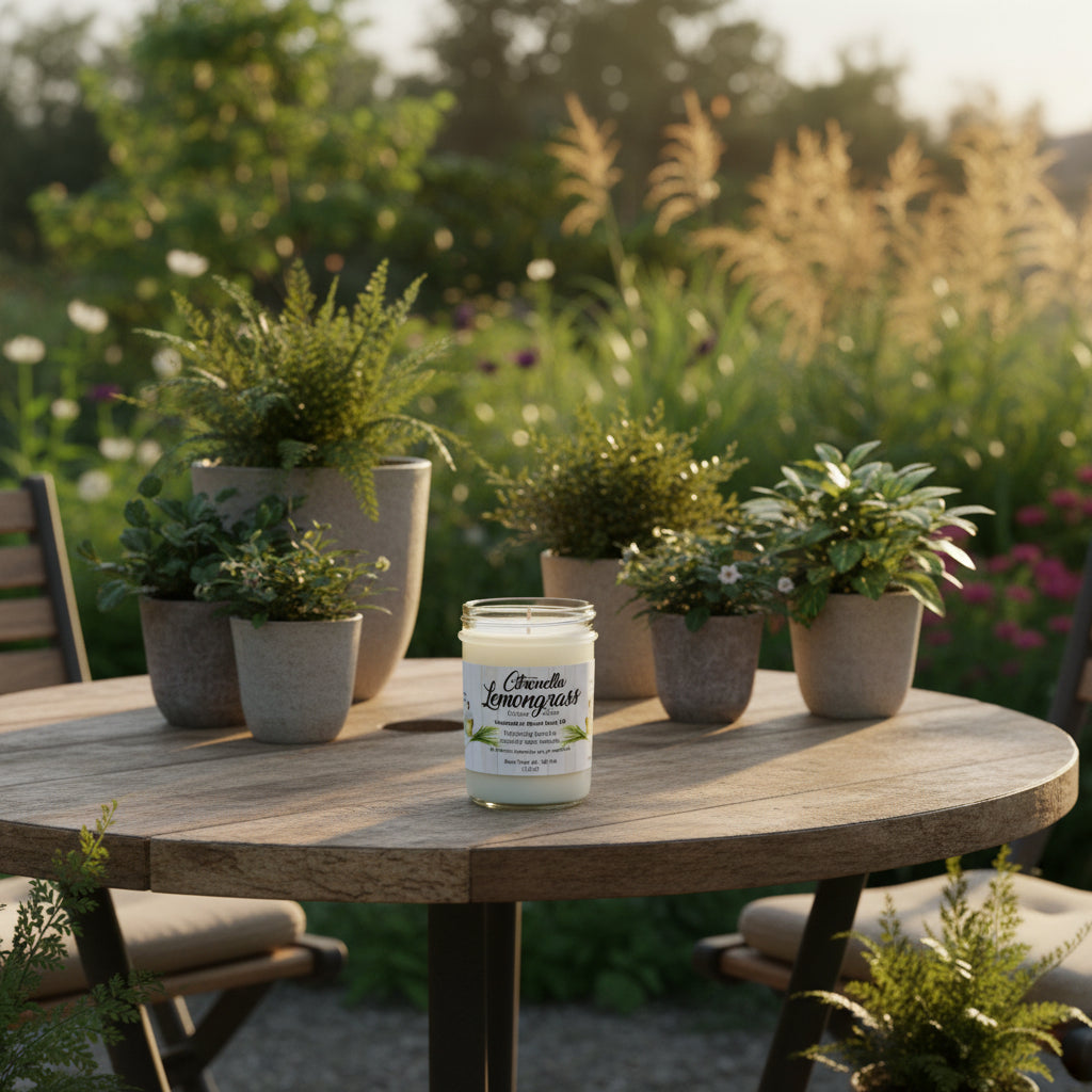Two containers labeled 'Citronella Lemongrass' and 'Insect Repellent' on a wooden surface with greenery in the background.