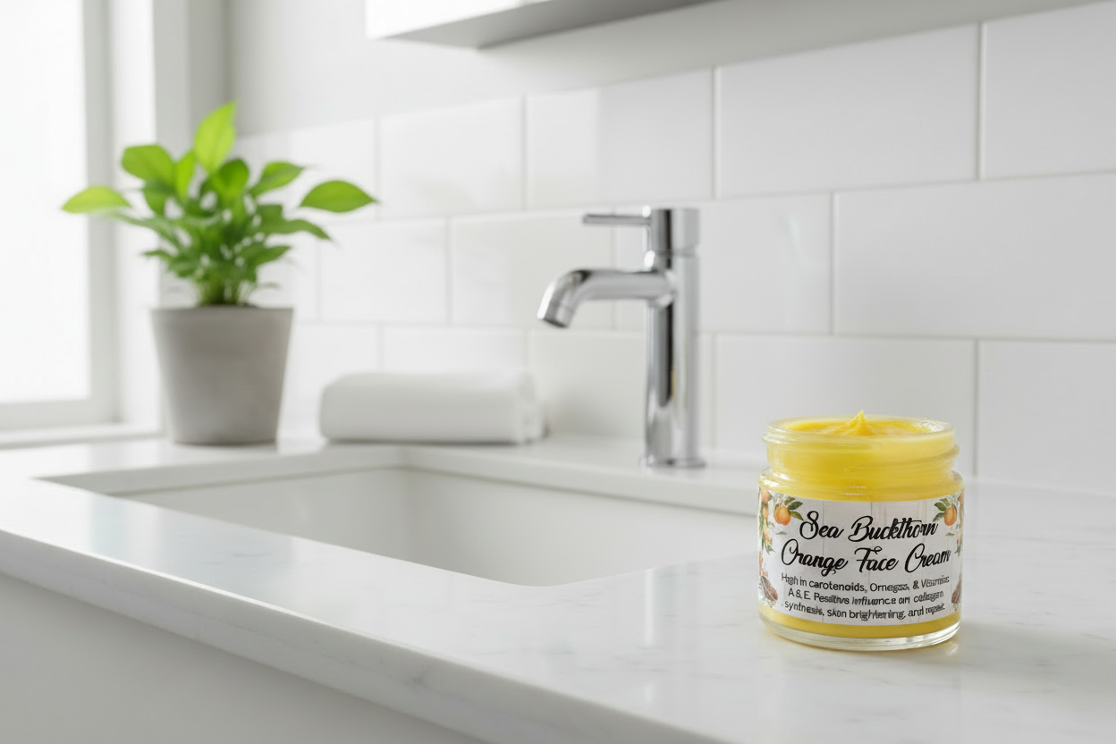 Jar of Sea Buckthorn Orange Face Cream on a kitchen counter with a sink and plant in the background.