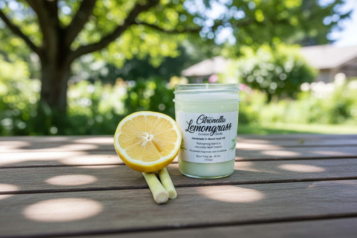 A soy wax candle in a clear jar with a label reading 'Citronella Lemongrass', alongside a halved lemon and whole lemongrass stalks.